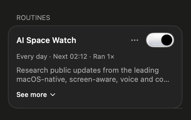 An enabled AI Space Watch routine showing its daily schedule, next run, and task details