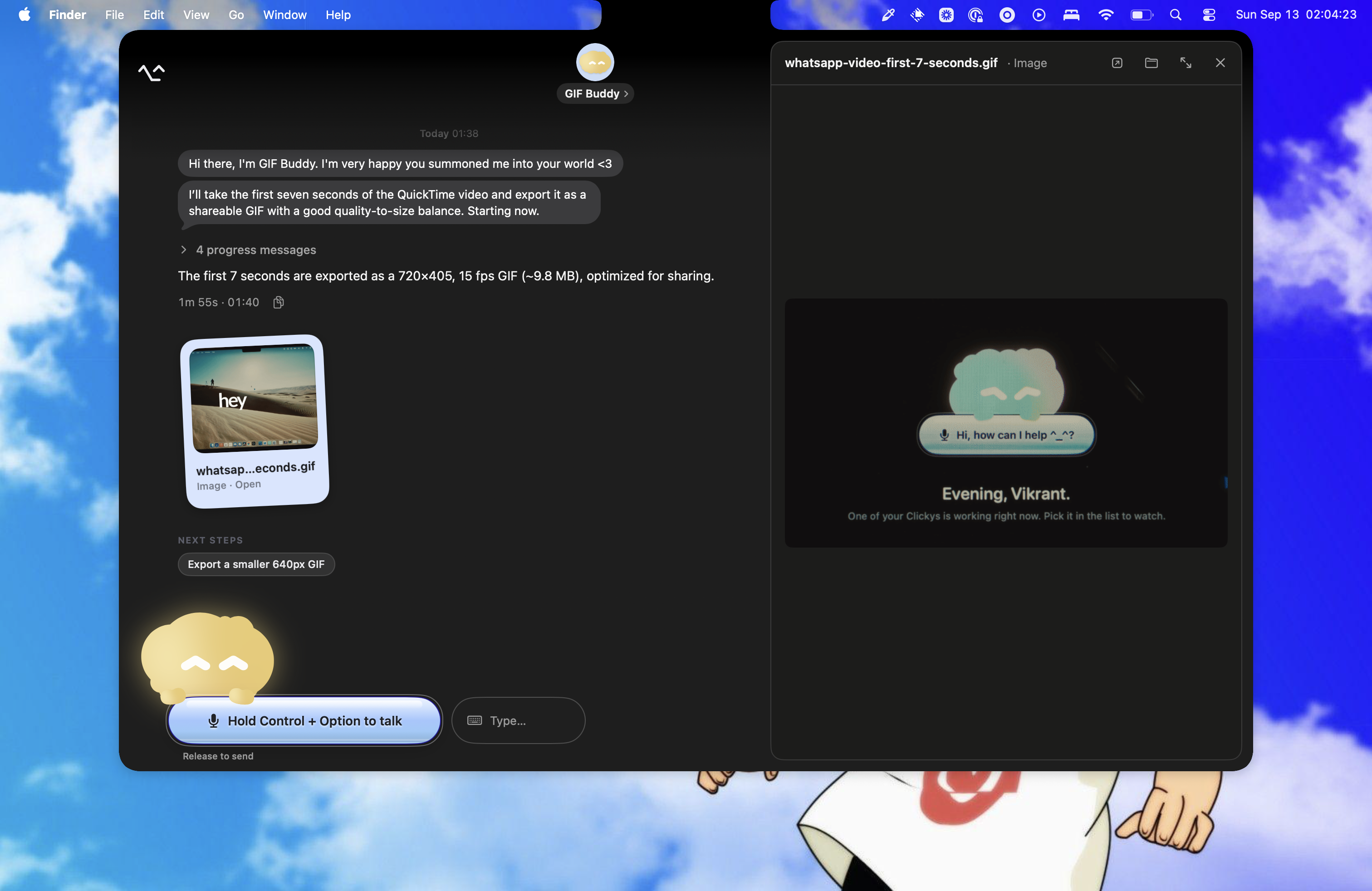 GIF Buddy's conversation with a generated GIF open in the preview panel beside the chat
