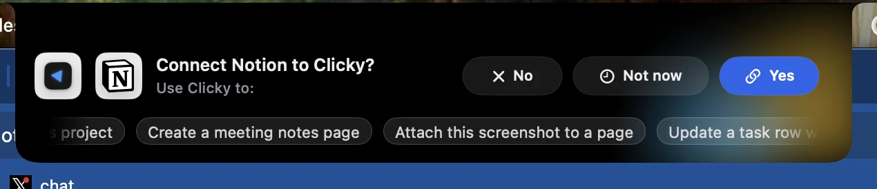HeyClicky suggesting a Notion connection with example actions