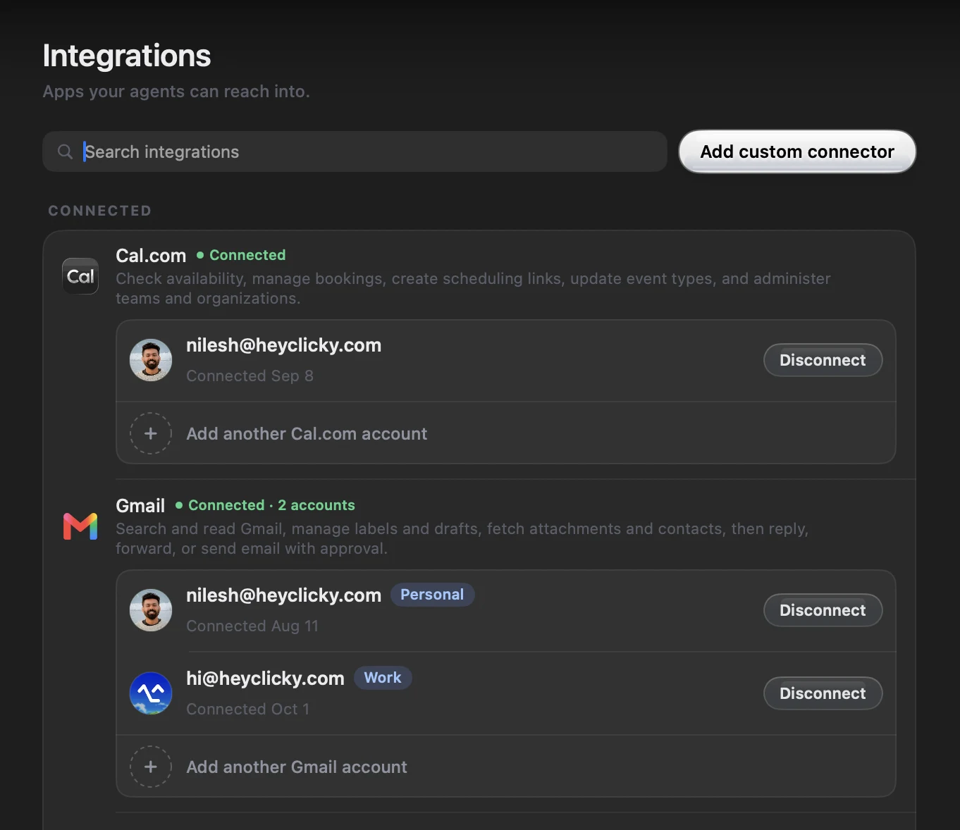 Settings > Integrations showing Gmail connected with two accounts, labeled Personal and Work, with an Add another account row