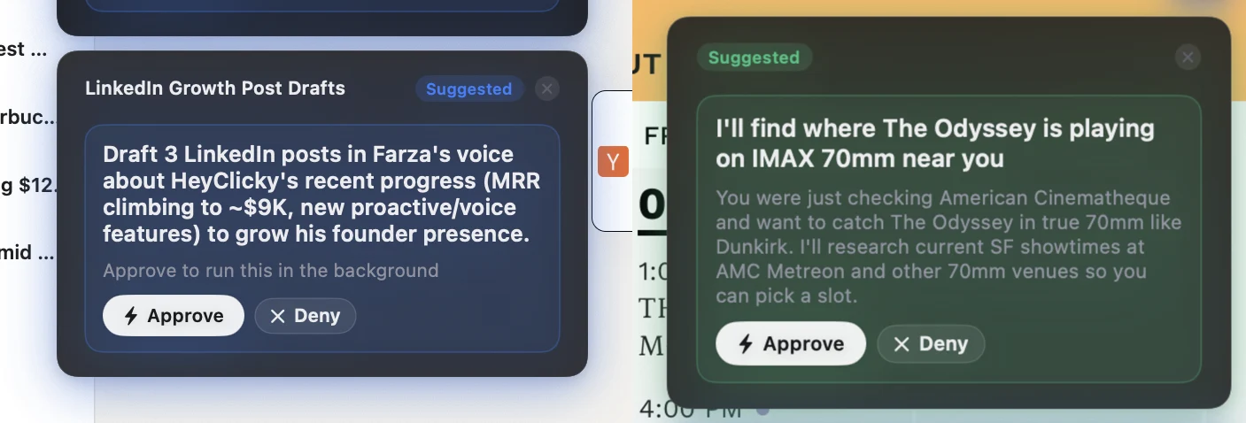 Two proactive agent suggestion cards with approve and deny buttons