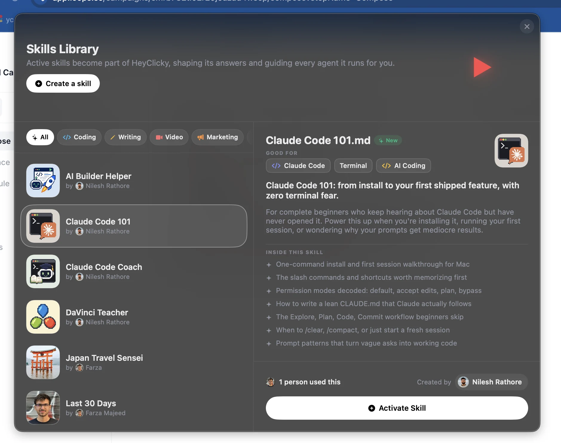 The community skills library with one-click activation