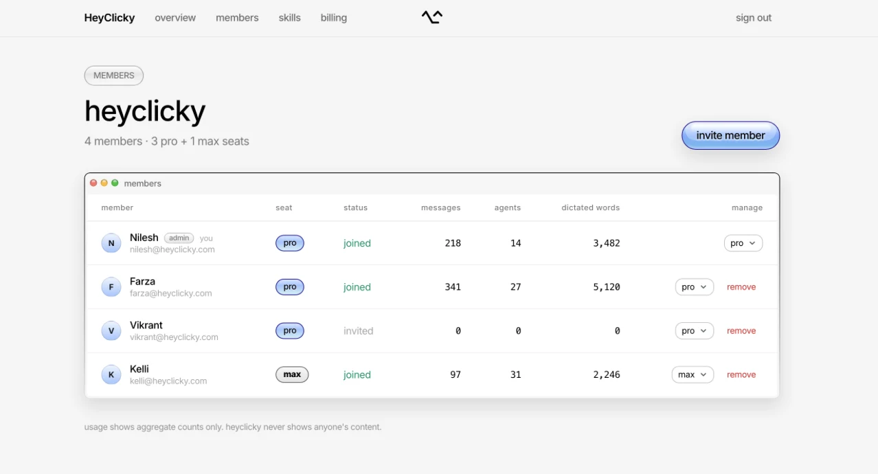 The HeyClicky team dashboard showing members, seats, and billing