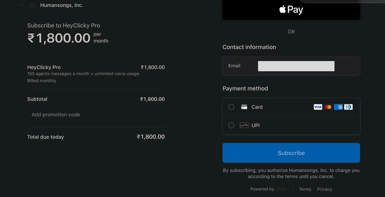 Stripe checkout for HeyClicky Pro priced in rupees with UPI as a payment method