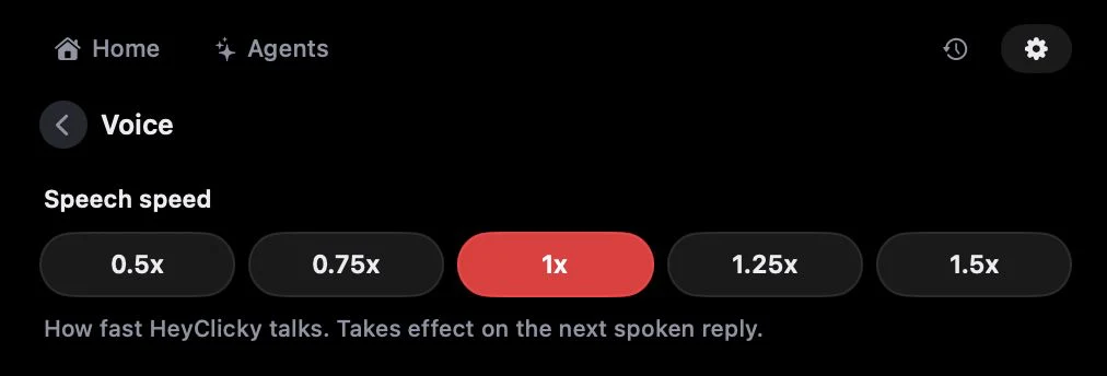 Speech speed control in HeyClicky settings, from 0.5x to 1.5x