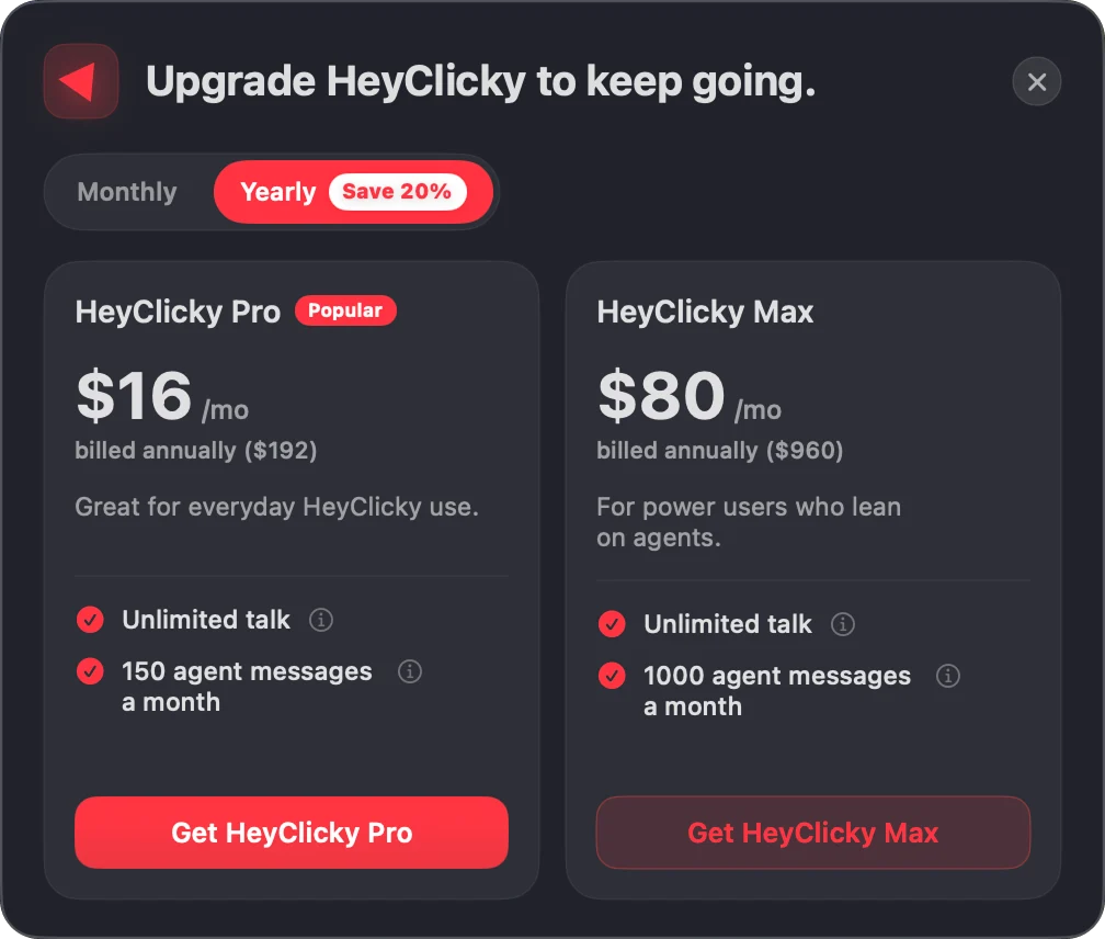 The upgrade paywall with a yearly toggle showing 20% off Pro and Max
